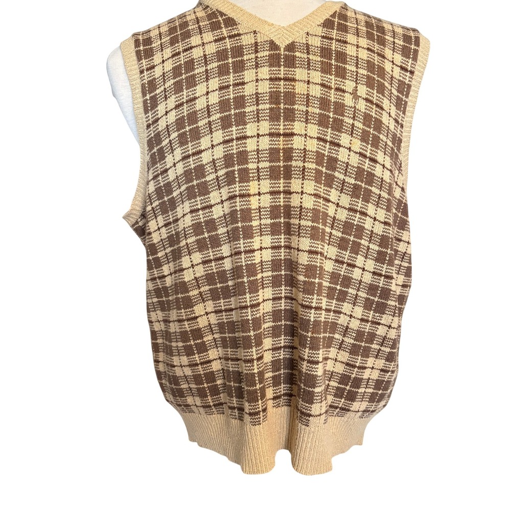 Polo Ralph Lauren Plaid Sweater Vest Men Large Brown Linen Cotton Silk V-Neck